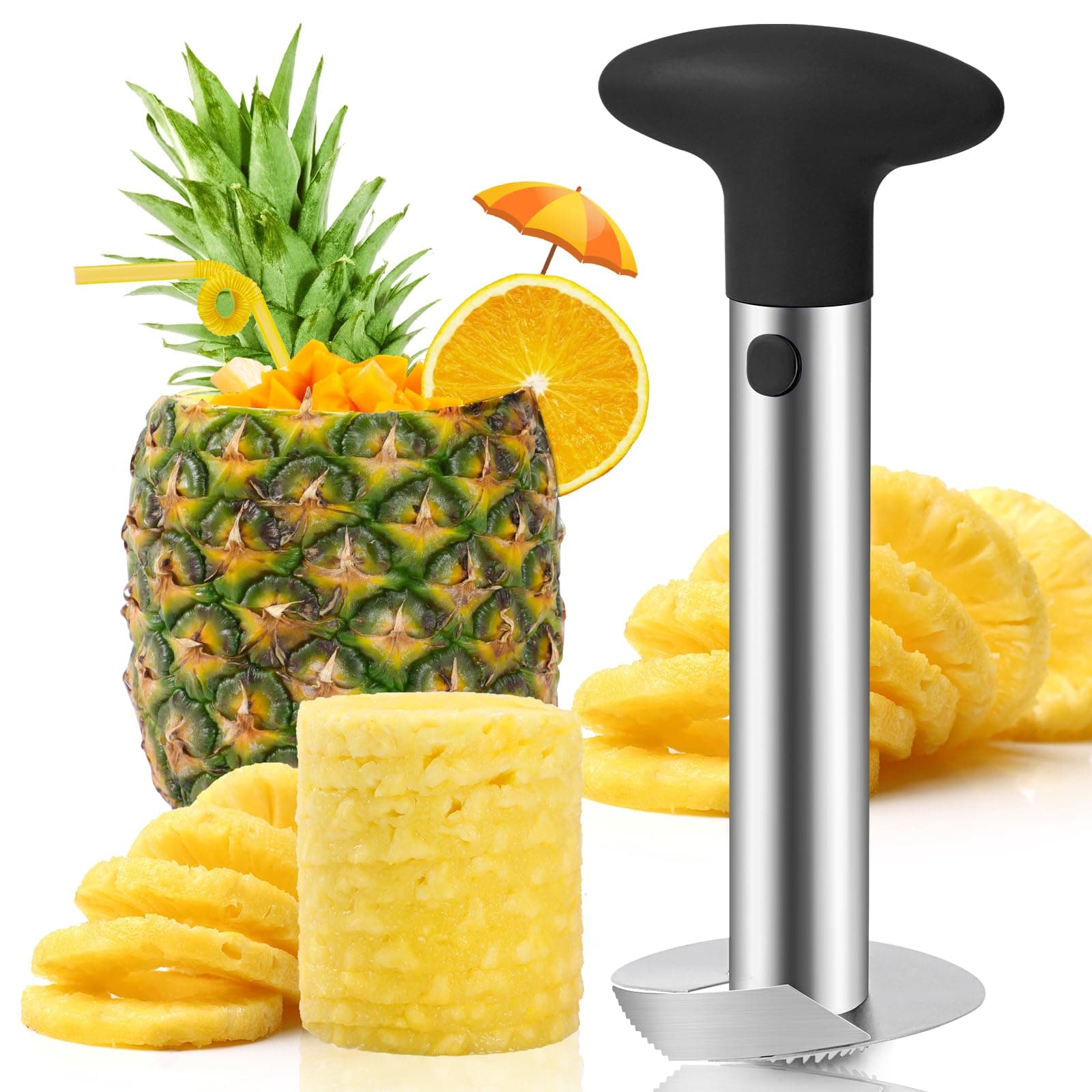 Premium Pineapple Corer and Slicer Tool - Sharp Pineapple Cutter with Serrated Tips - Easy to Use and Clean - Stainless Steel Core Remover for Pineapple - Core Fruits with Ease(Black)