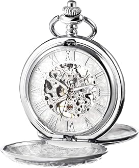 Men's Mechanical Skeleton Pocket Watch for Mens Women Blue Roman Numerals Dial Double Case Pocket Watches