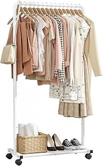 Sakugi Clothes Rack - Clothing Rack with Storage Mesh Shelf & Casters, Heavy-Duty Metal Clothing Rack for Hanging Clothes, Dresses, Coats, Large Load Capacity, Easy Assembly, White, 28.0"x16.9"x59.0"