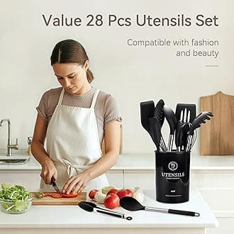 Kitchen Utensils Set, 28 Pcs Silicone Cooking Utensils Set with Holder, Spatula Set, Silicone Whisk, Scissors, Measuring Cups and Spoons Set with Stainless Steel Handle Kitchen Gadgets (Black)