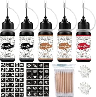 Temporary Tattoos Kit, Yomagine Semi Permanent Tattoo Ink, DIY Fake Freckles Temporary Tattoos for Women Men Teen, Summer Trend Freehand Ink with 78 Pcs Tattoo Stencils, Jagua Gel - Full Kit 5 Bottles