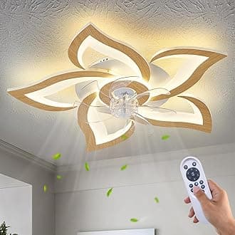Dalouguan Geometric Ceiling Fan with Lights and Remote Control, Wooden Fan with 3 Light Colors, 6 Speeds - Low Profile Flush Mount for Kitchen, Bedroom, Living Room