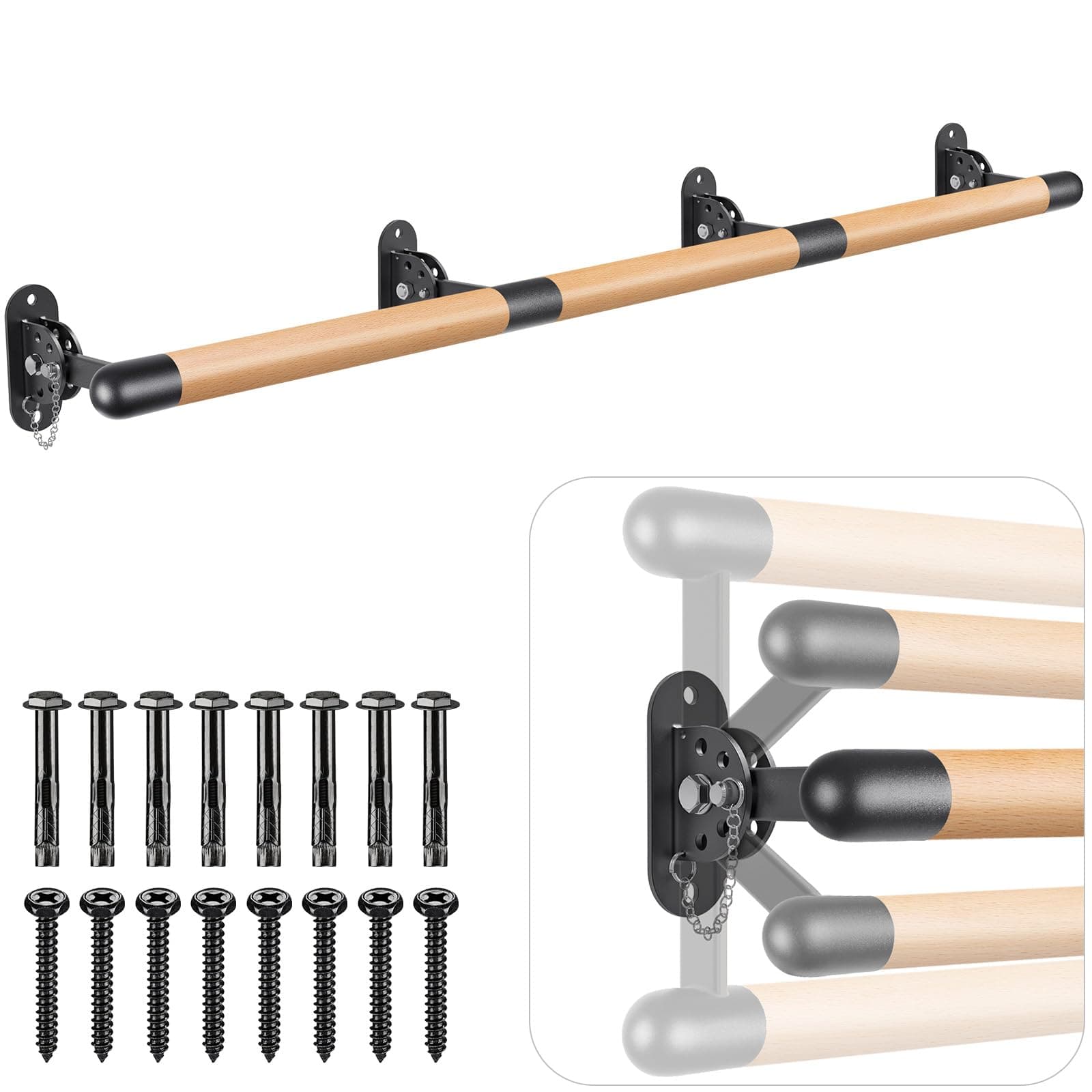 BeneLabel Wall Mount Ballet Barre Solid Wood Dance Bar with Height Adjustable Metal Brackets for Dance Training