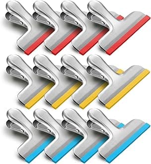 House Again 12 Pack Chip Bag Clips Covered with Silicone - NO More Sharp Edges - Color Coded with 3 Different Colors Perfect for Food Bags - Air Tight Seal, Heavy Duty, 3 Inches Wide
