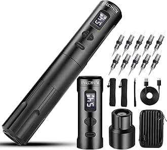 Wireless Tattoo Machine Rechargeable Tattoo Gun Pen, Permanent Makeup Machine with 2 Batteries OLED Display 10W Coreless Motor for Shading, Lining, Eyeliner, Eyebrow, Lips