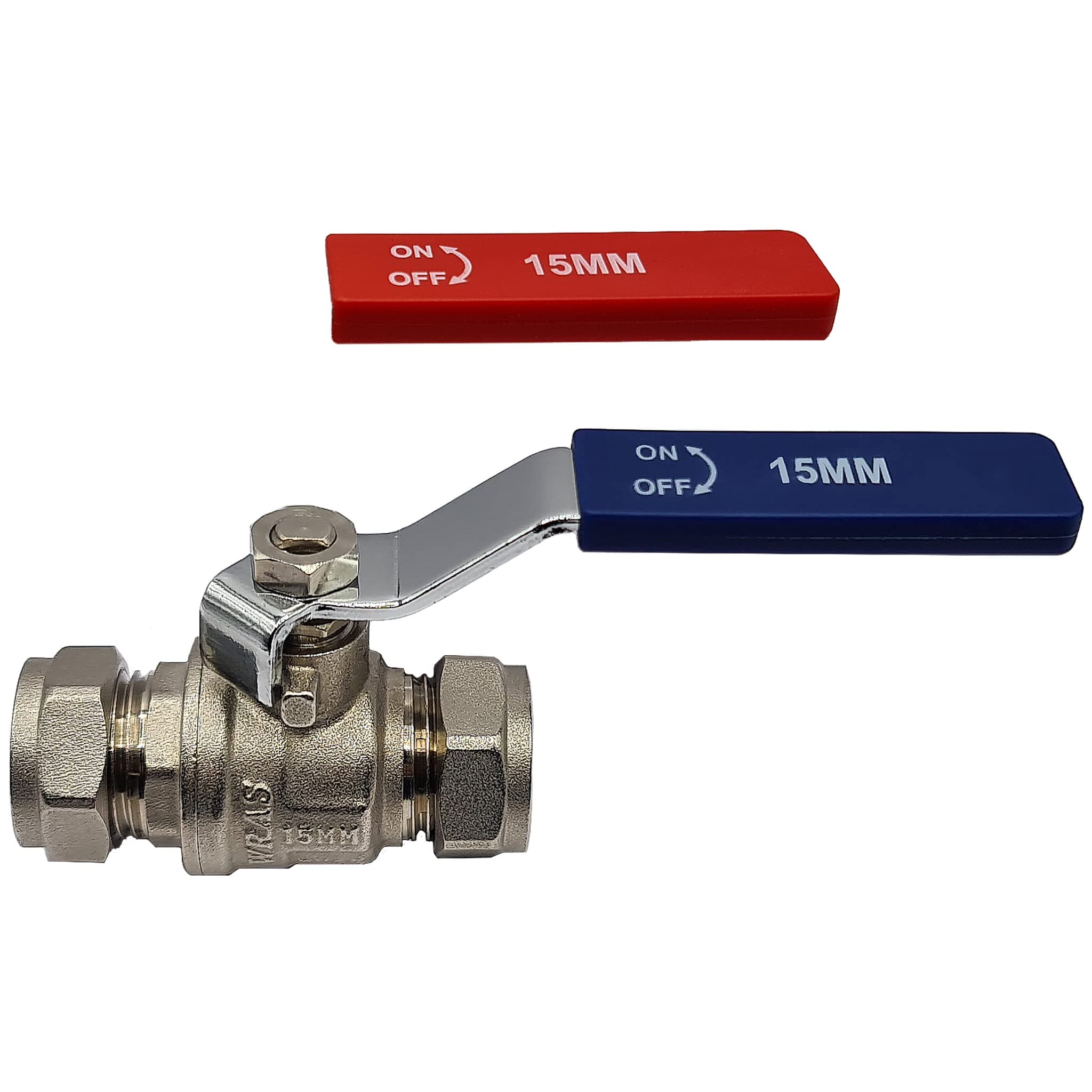 15mm Isolation Valve, 1 Pack with Red & Blue Handle - Lever Compression Fitting Shut Off Iso Valve - WRAS Approved - Large Bore for Increased Flow - Compression Olives Included