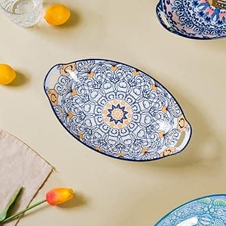 Dark Blue Mandala Ceramic Long Dish With Handles For Serving Snacks, Appetizers, Salads, and Noodles| Microwave Safe, Dishwasher Safe (10.8 Inch)