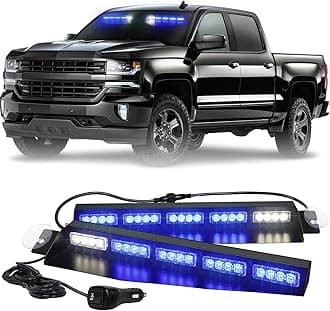 XRIDONSEN 34 inch Blue Emergency Visor Lights Bar Interior Front Windshield Strobe Lights 40 LED Warning Safety Flashing Hazard Light w/White Take Down for firefighter Police Vehicles Trucks