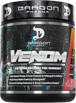 DRAGON PHARMA Venom Extreme Potency Pre-Workout, Laser Sharp Focus + Energy, Intense Performance, Proven Ingredients for Enhanced Vasodilation & Endurance (40 Servings, Fruit Punch)