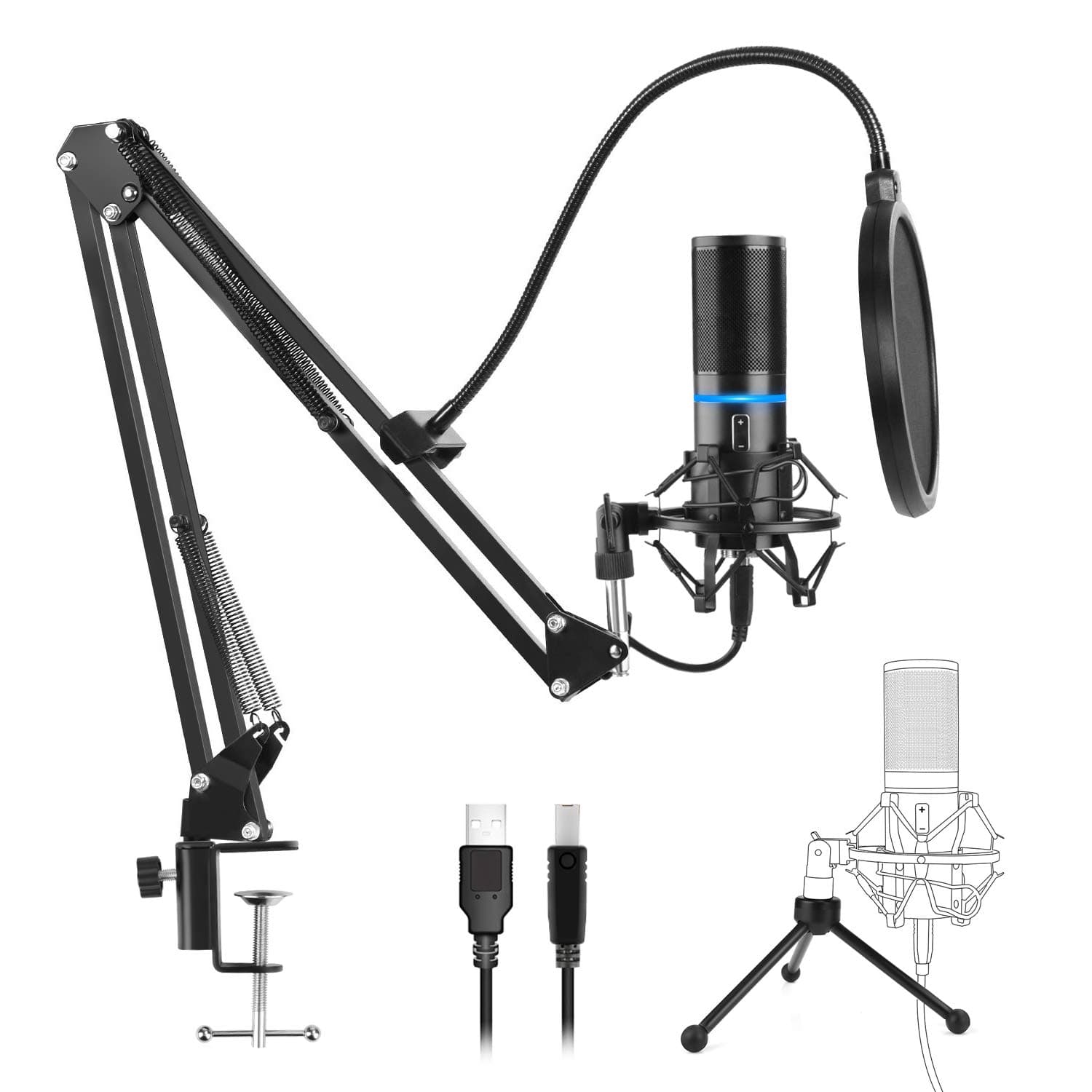 USB Condenser Microphone, Kungber PC Microphone Computer Mic Kit for Professional Studio Recording & Broadcasting with Suspension Scissor Arm Stand/Pop Filter/Tripod Stand/USB Cable (Q9)