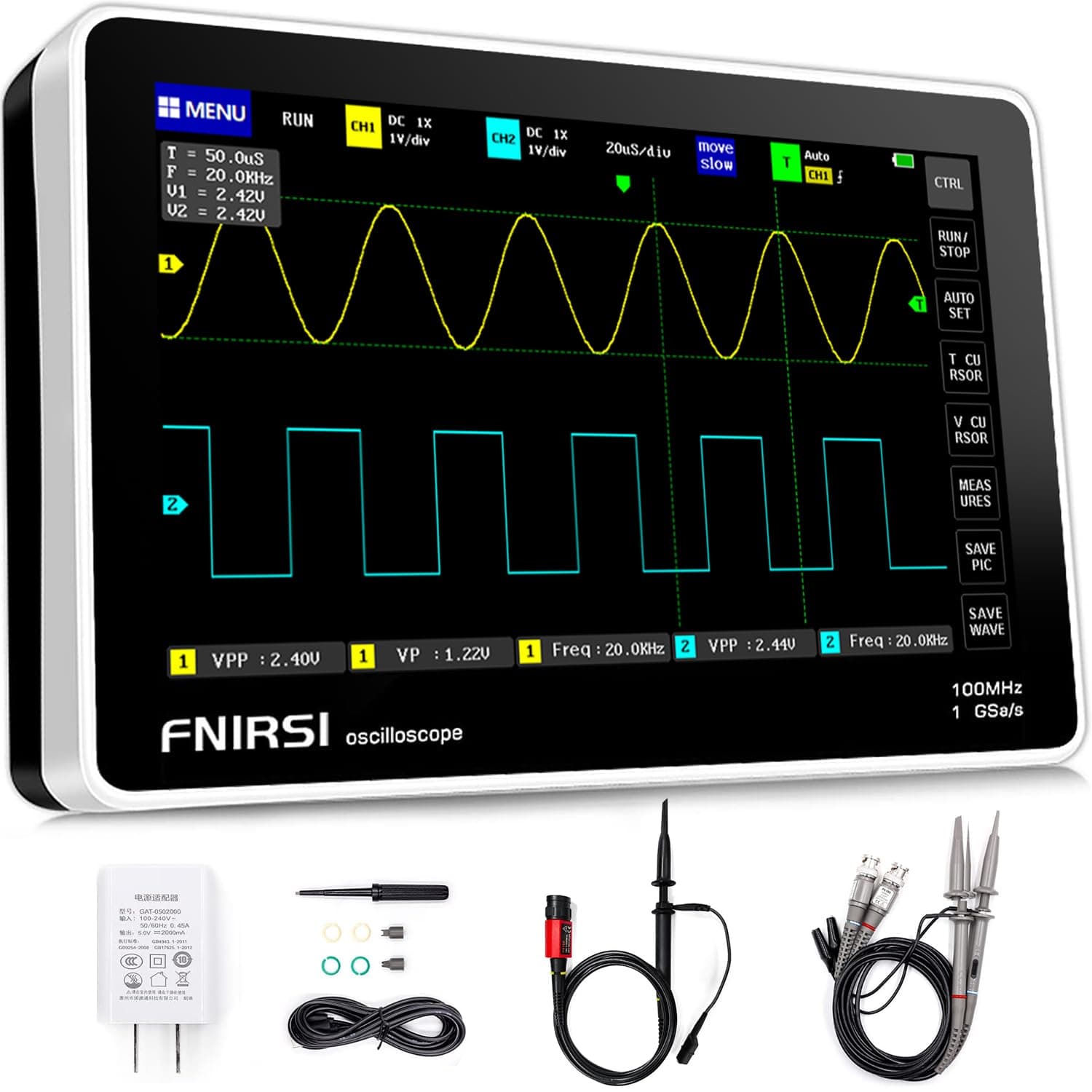 FNIRSI 1013D Plus Oscilloscope - Portable Handheld Tablet Oscilloscope with 100X High Voltage Probe, 2 Channels 100Mhz Bandwidth 1GSa/s Sampling Rate 7" TFT LCD Touch Screen