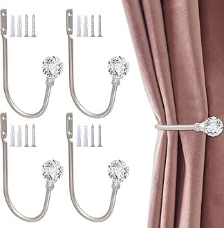 Crystal Curtain Holdbacks 4 Pack - Silver Tieback Hooks Wall Mount Drapery Holders for Drapes - Decorative Metal Window Treatment Holdback