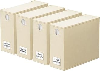 SpaceAid 4 Pack Bed Sheet Organizers and Storage, Foldable Sheet Organizer for Linen Closet, Sheets Set Folder Keeper with Window XL (Queen & King Size) Organizing Bedding Container, Beige