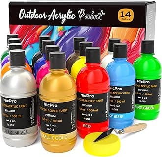 - Nicpro 14 Colors Large Bulk Outdoor Acrylic Paint Set (16.9 oz, 500 ml) Rich Art Painting Supplies, Non Toxic for Multi Surface Canvas Rock Wood Leather Fabric Stone Metal Wall Craft with Color Wheel