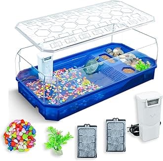 Binano Aquatic Turtle Tank Habitat Kit Stone+Filter+Heat Lamp Enhancing Interaction with 360° Viewing, Standalone Filtration, DIY Creative Zone, Enriched Living (Blue, XL[Without Light])