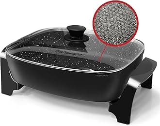 Elite GourmetEG6203 PFOA-Free 16"x 3"x3.2" / 10.5Qt Scratch Resistant Dishwasher Safe, Easy to Clean, Non-Stick Electric Skillet with Glass Vented Lid, Trigger Release Probe, Aluminum, Black