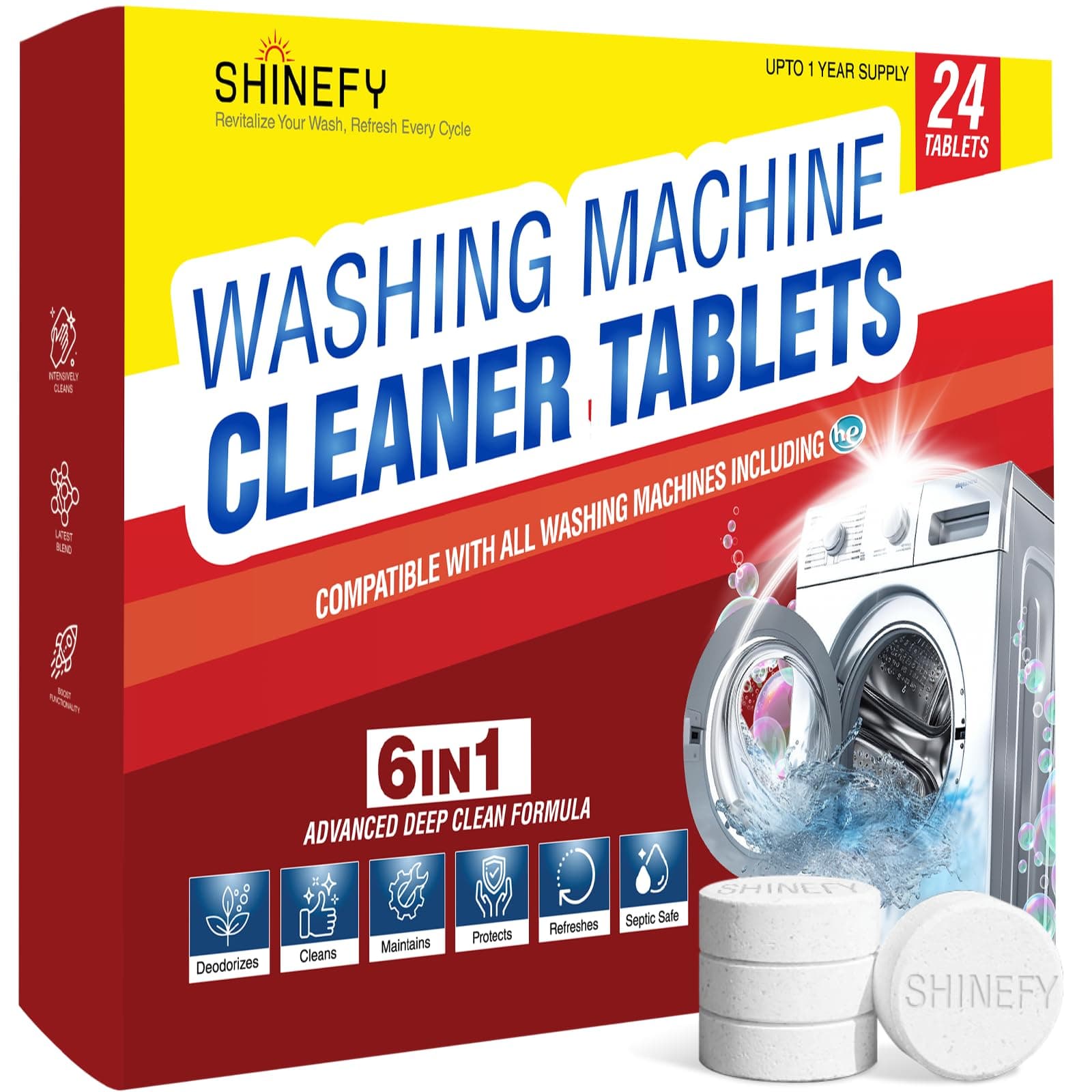 Washing Machine Cleaner Tablets - 24-Pack, 6-in-1 Formula for Top Loader, Front Loader & HE Washers - Deep Clean, Deodorizes & Protects - Safe for Septic Systems
