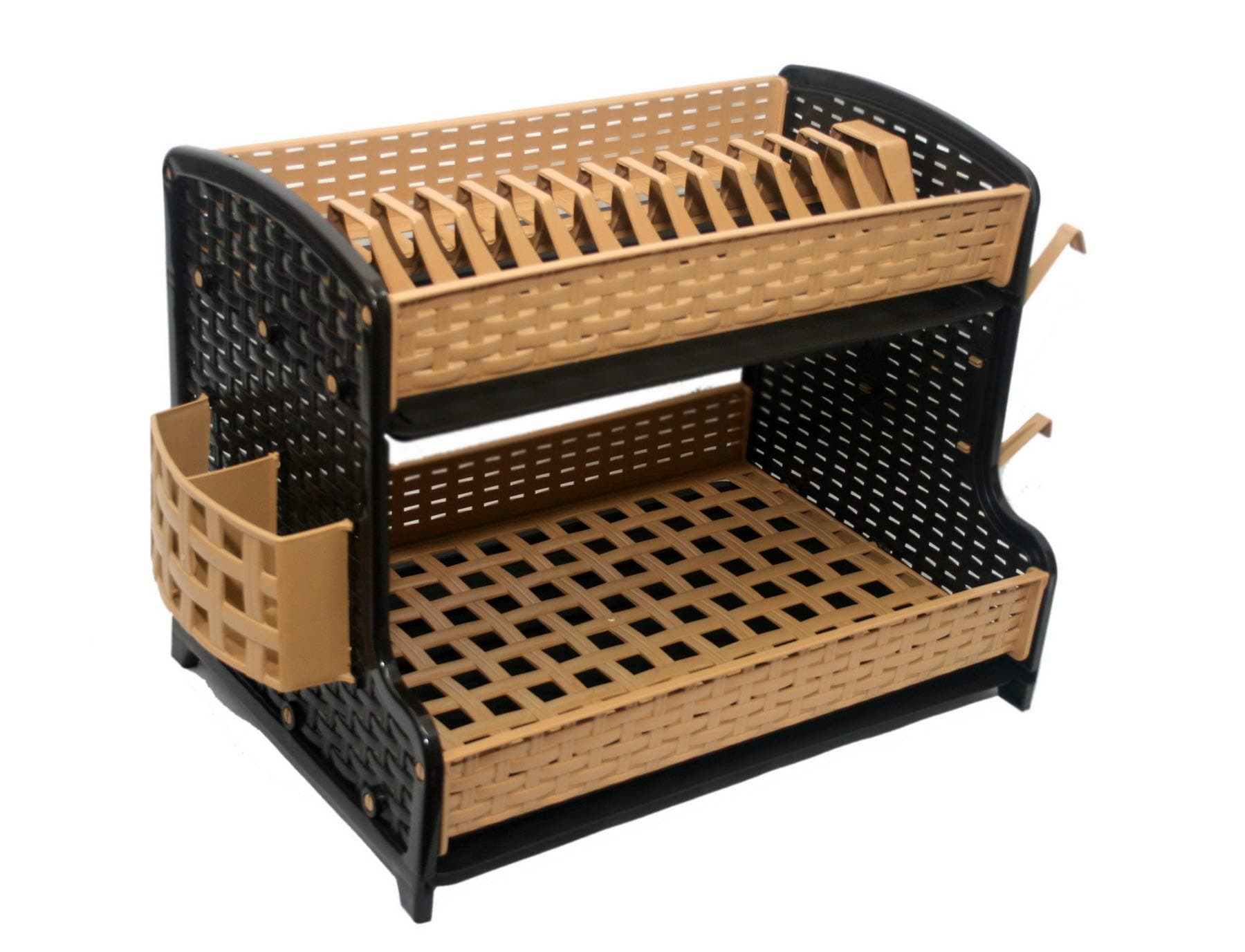 New Chocolate/Light Brown Shelfs Double Drip Tray 2 Layer Plastic Dish Drainer Rack Utensil Cutlery Draining