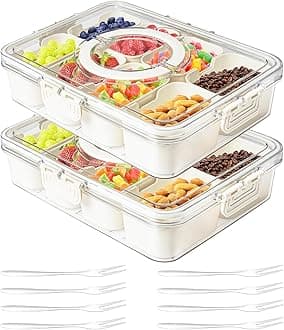 Divided Serving Tray with Lid and Handle,Snackle box Charcuterie Container for Portable Snack Platters,8 Compartments & 8 Forks Clear Storage Organizer for Fruit,Candy,Nuts & Veggie,for Party,Picnic