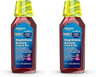 Amazon Basic Care Nighttime Severe Cold and Flu Syrup, Max Strength Liquid Medicine, Multi-Symptom Relief, for Adults and Children 12 Years and Older, Mixed Berry Flavor, 12 fl oz (Pack of 2)