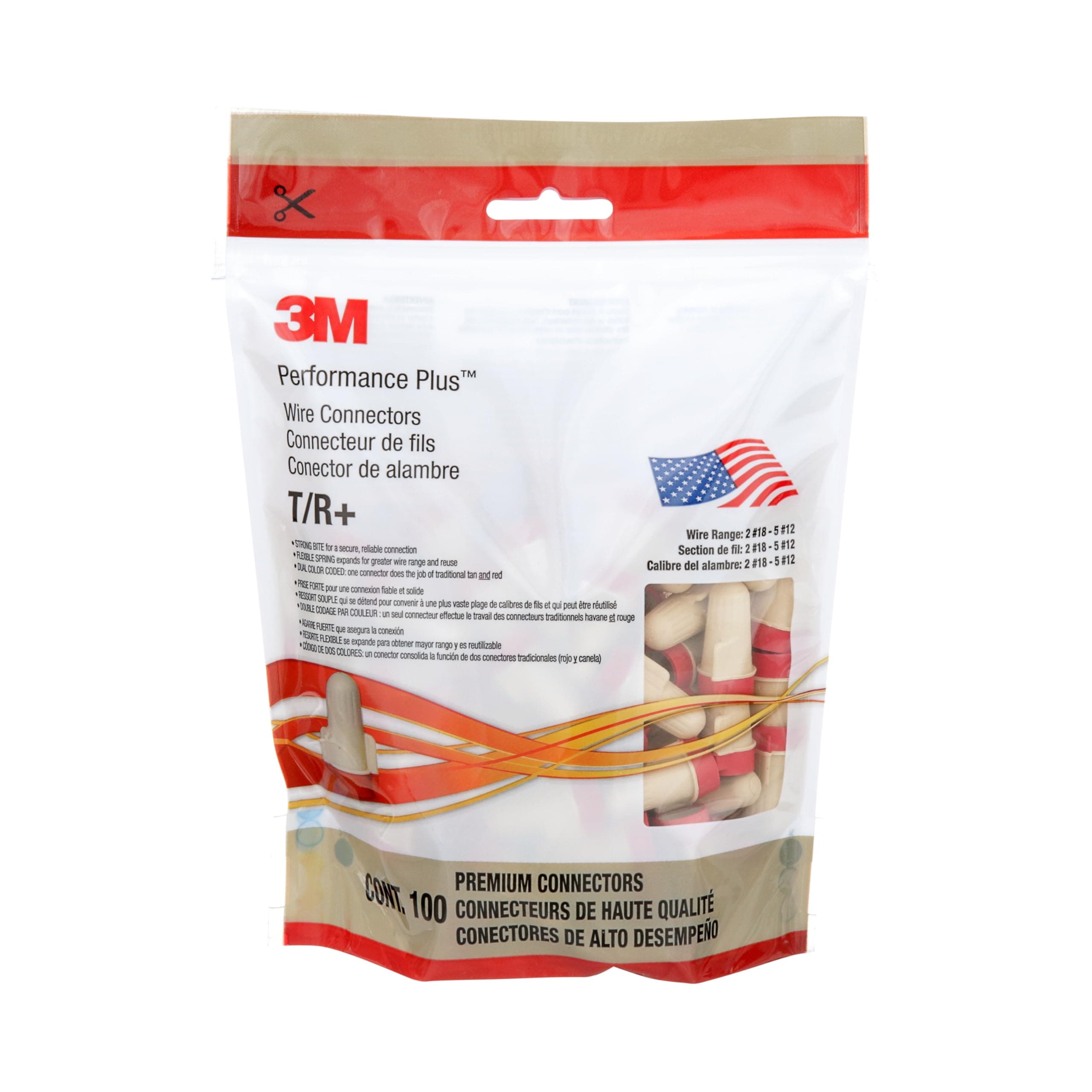 3M Performance Plus Wire Connector T/R+POUCH, Tan/Red, Flexible Steel Spring Connectors, Copper, CSA Certified, UL Listed, Pouch of 100, 22-8 AWG