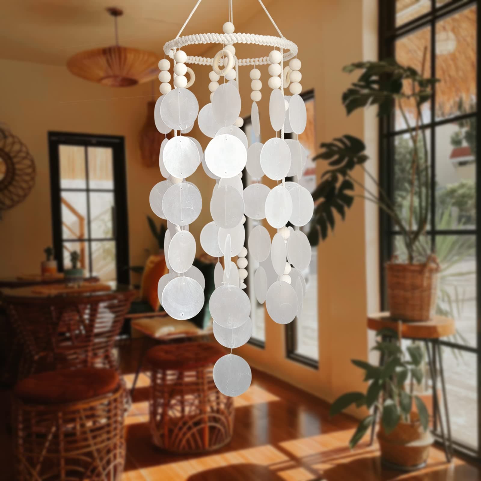 Capiz Shell Wind Chime, Shell Wind Chimes for Outside, Sea Glass Seashell Windchimes Outdoors, Unique Outdoor Boho Decor for Patio Garden Balcony Porch, 7" W X 23" H, Remmdan
