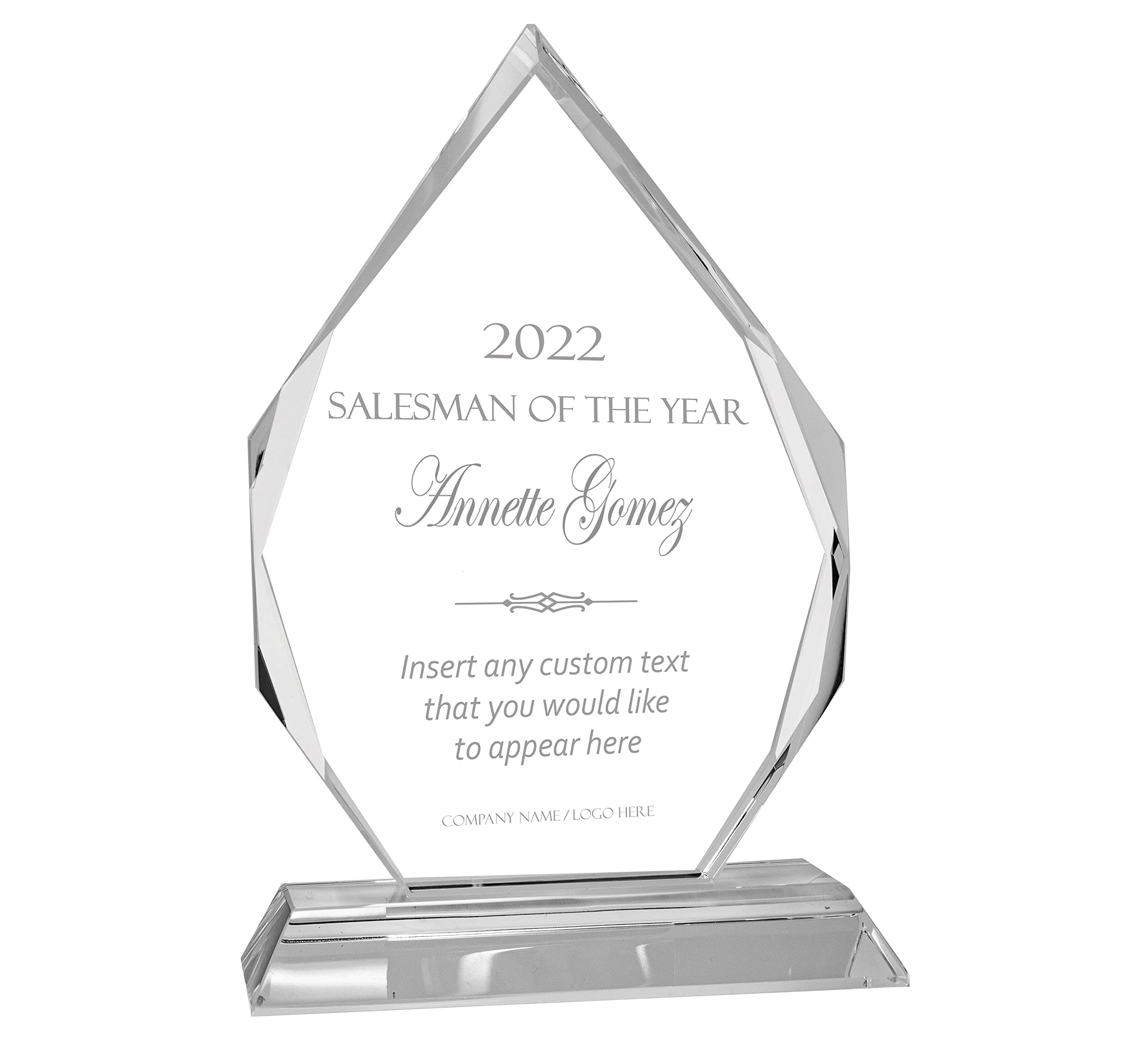 Personalized 7" Crystal Diamond Award with Text and Logo Upload, Custom Engraved Glass Award for Employee Appreciation, Recognition, Retirement