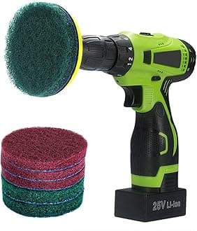 Kichwit 4 Inch Power Brush Tile Scrubber with Scouring Pads Kit, Drill Attachment, 3 Red & 3 Stiff Green Pads for Heavy Duty Household Cleaning (Drill Not Included)