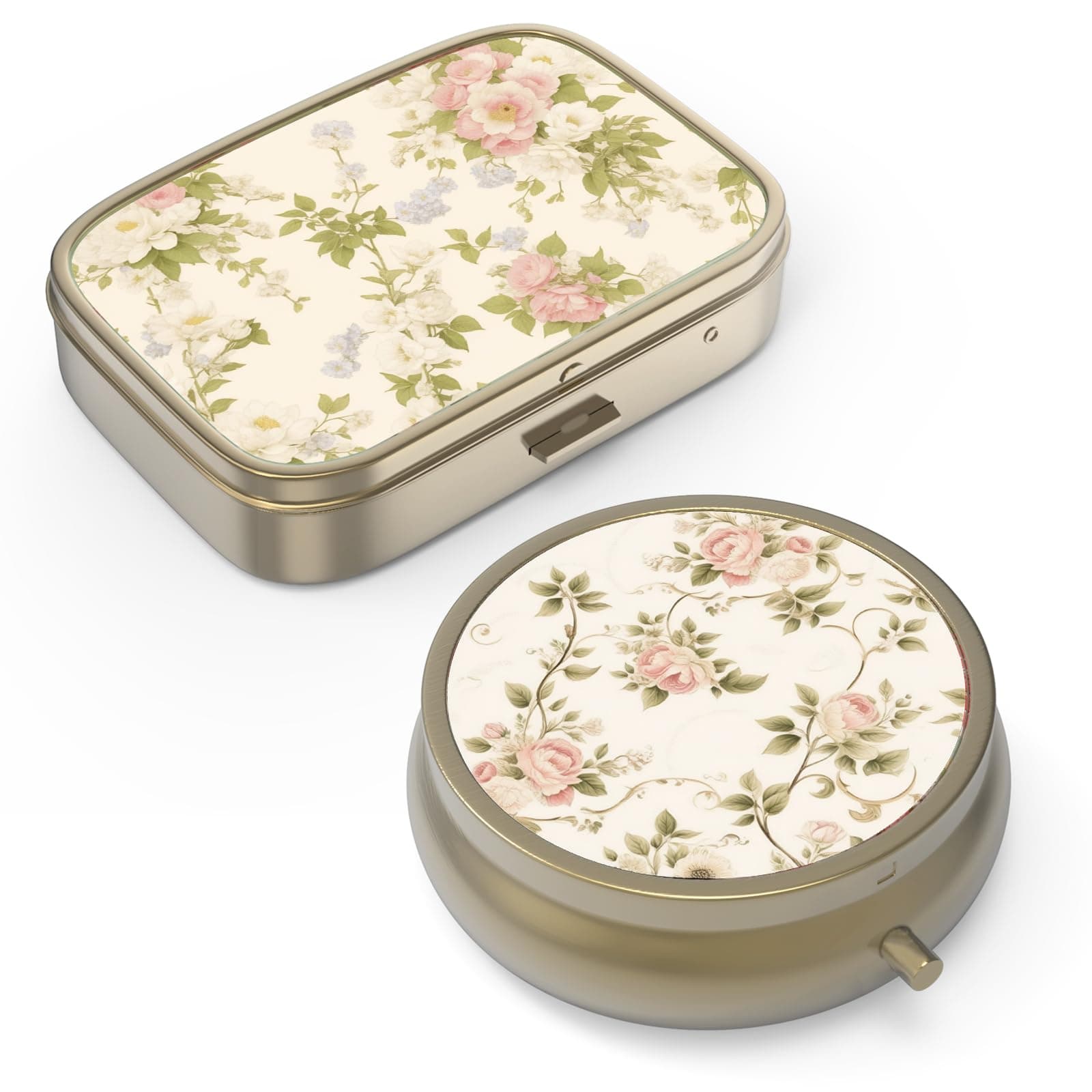 Pill Organizer Pill Box with Mirror Retro Small Pill Case for Purse or Pocket Bronze Pill Box or Vitamins, Fish Oil, Supplements, Pill Containe Travel Gifts（2PCS-Vintage Floral）
