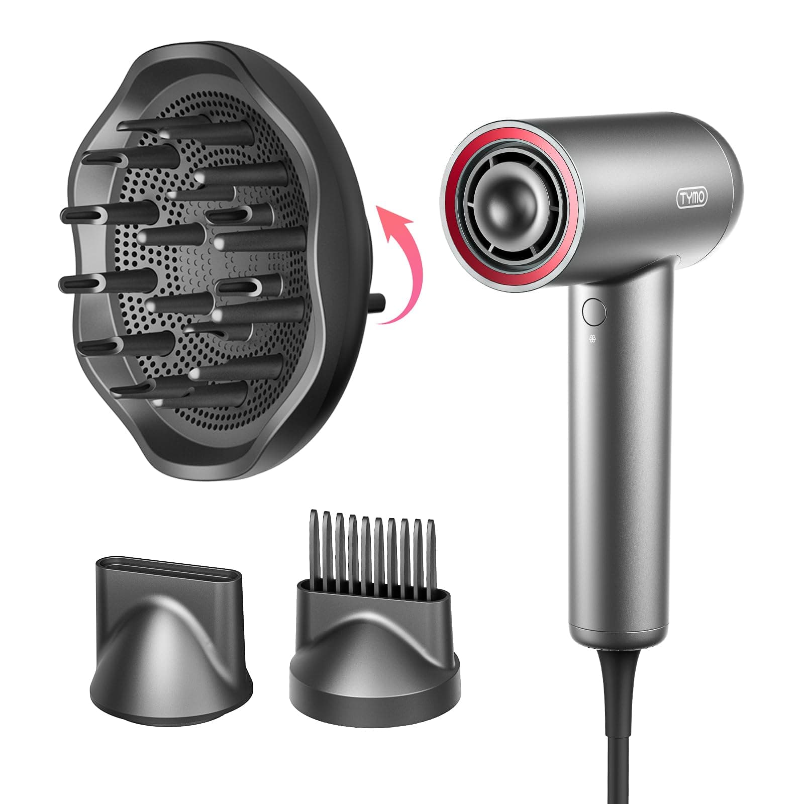 Hair Dryer with Adjustable Diffuser - High-Speed Ionic Blow Dryer, Fast Drying & Zero Damage, Low-Noise Hairdryer, 3 Speeds & 4 Temps with Cool-Shot for Professional Styling at Home/Salon