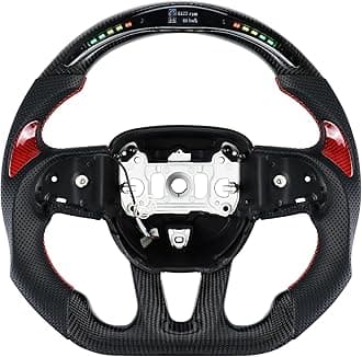 LOSCHEN Carbon Fiber Steering Wheel D-shaped Flat-bottom Perforated Leather, LED Display Shift Indicator Steering Wheel for Dodge/Jeep Grand Cherokee/SXT/GT/RT/SRT/HELLCAT（with Red Patches）