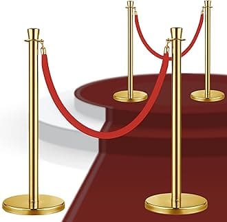 2 PCS Gold Stanchions with Red Ropes - Velvet Rope Posts for Crowd Control VIP Poles for Red Carpet Events Stylish Stanchion Set for Parties Weddings and Special Occasions