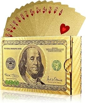 Gold Diamond Playing Cards - Durable and Waterproof, Perfect for Magic, Poker, Parties, and Special Occasions. Ideal for Memorable Gifts. ($100 Bill Theme, 1 Deck)