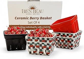BIEN BEAU Checkered black and White with red Cherries pattern Ceramic Berry Basket - Colander -Modern Kitchen Decor Fruit Bowls - Checkerboard Fruit Baskets, Farmer's Market Harvest Bowls Set of 4