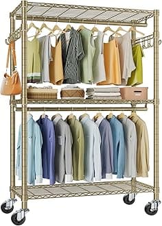 - VIPEK R2 Plus Rolling Clothes Rack for Hanging Clothes Heavy Duty Garment Rack 3 Tiers Adjustable Wire Shelving Clothing Racks with Double Hanging Rods, Closet Organizers and Storage, Gold