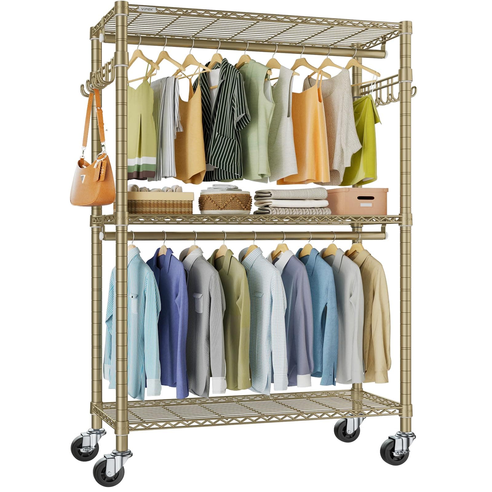 VIPEK R2 Plus Rolling Clothes Rack for Hanging Clothes Heavy Duty Garment Rack 3 Tiers Adjustable Wire Shelving Clothing Racks with Double Hanging Rods, Closet Organizers and Storage, Gold