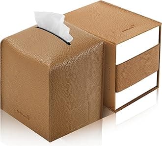 Tissue Box Cover 5X5X5'' PU Leather Tissue Holder Square Tissue Cube Box Organizer for Bathroom Vanity Countertop, Car, Night Stands, Office, Home, Kitchen (2Pack, Brown)