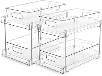2 Tier Under Sink Storage, 2 Pack Bathroom Storage Organizer, Clear Under Sink Organizer, Vanity Counter Storage Container, Medicine Cabinet Drawers Bin, Pull-Out Organization for Pantry