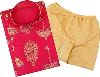 superminis Boy's Golden Foil Printed Side Open Cotton Kurta, Round Collar, Full Sleeves With Cream Color Dhoti, Kurta Set