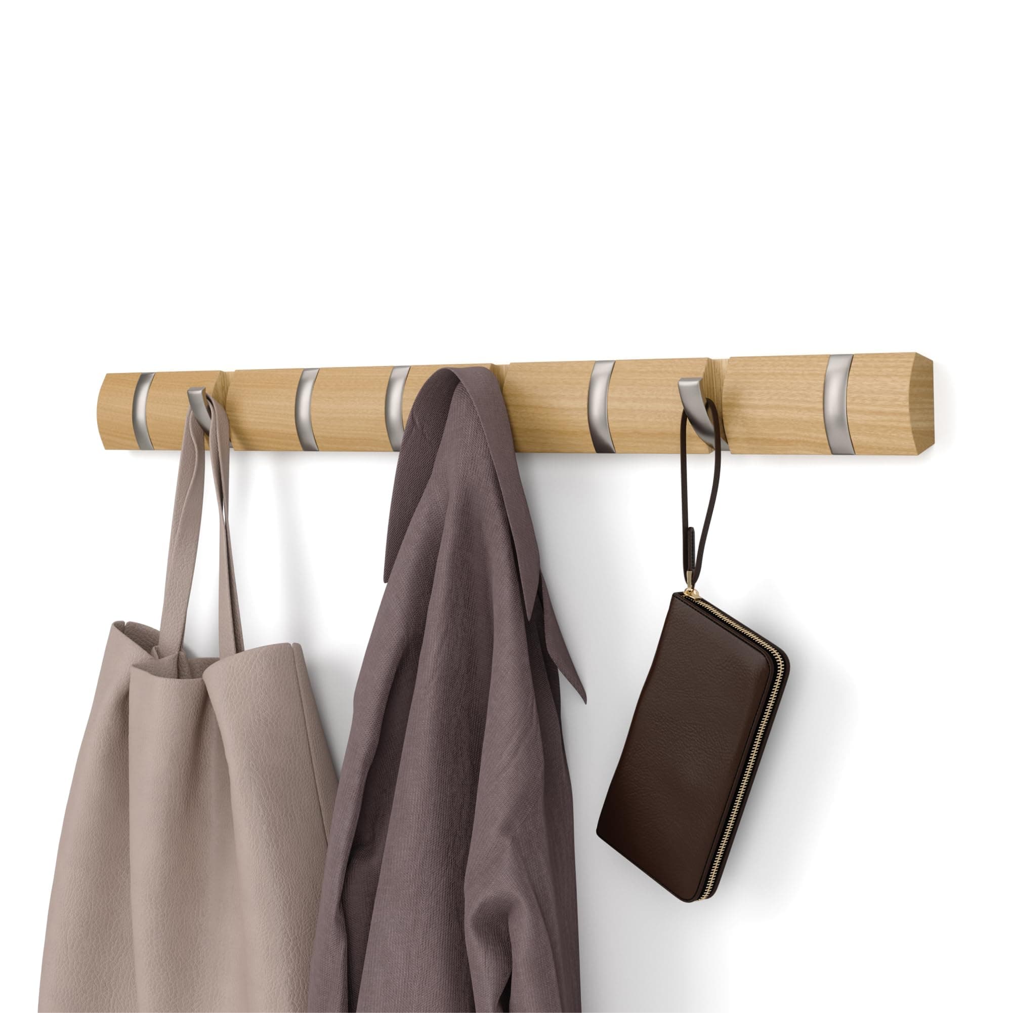 Umbra Flip Wall-Mounted Coat Rack with 8 Hooks – Modern, Space-Saving Storage for Hats, Jackets, Bags, Entryway, Mudroom, Closet, Bathroom, Bedroom – Natural/Nickel