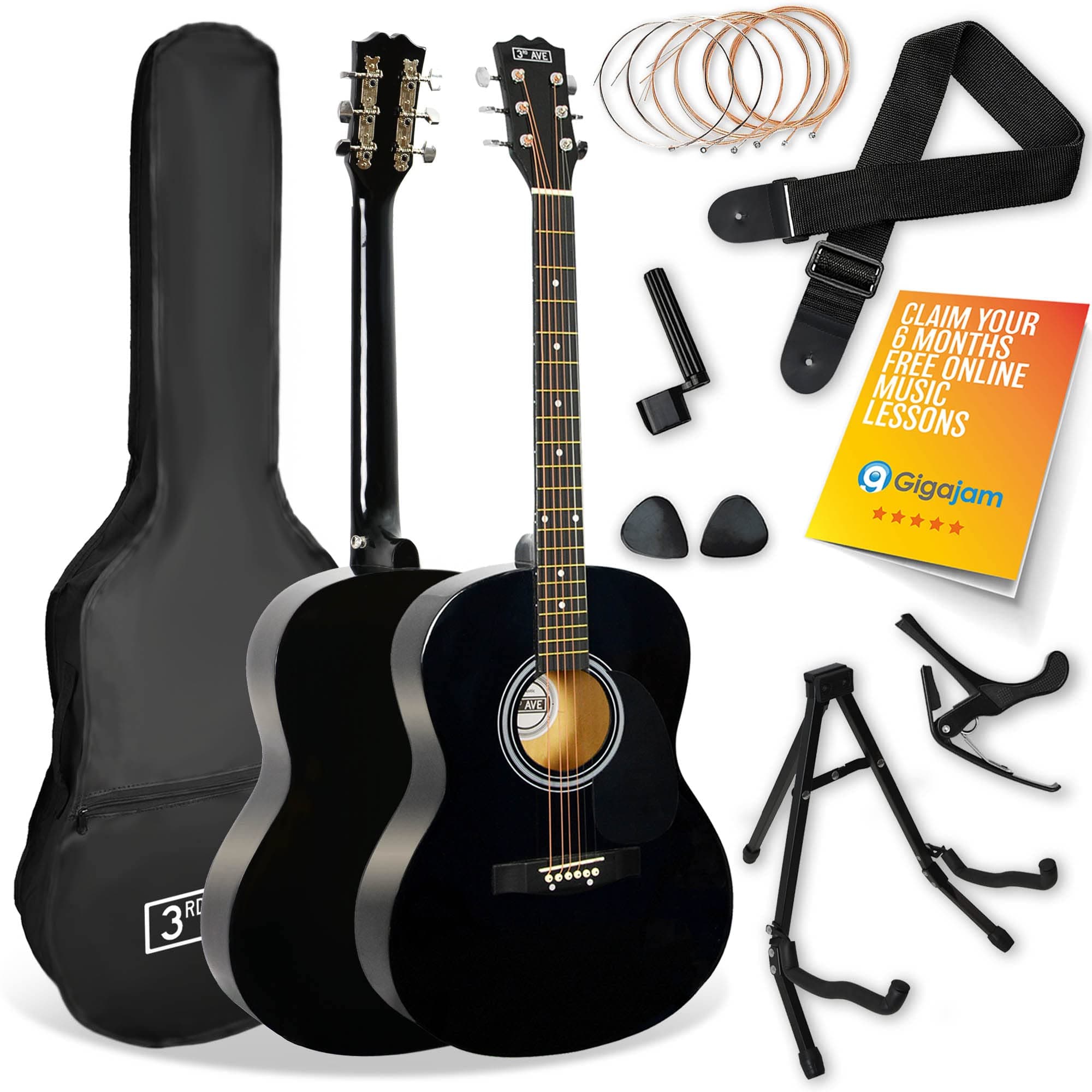 3rd Avenue Full Size 4/4 Acoustic Guitar Pack for Beginners - 6 Months FREE Lessons, Gig Bag, Picks, Spare Strings, Stand, Strap, Capo - Black