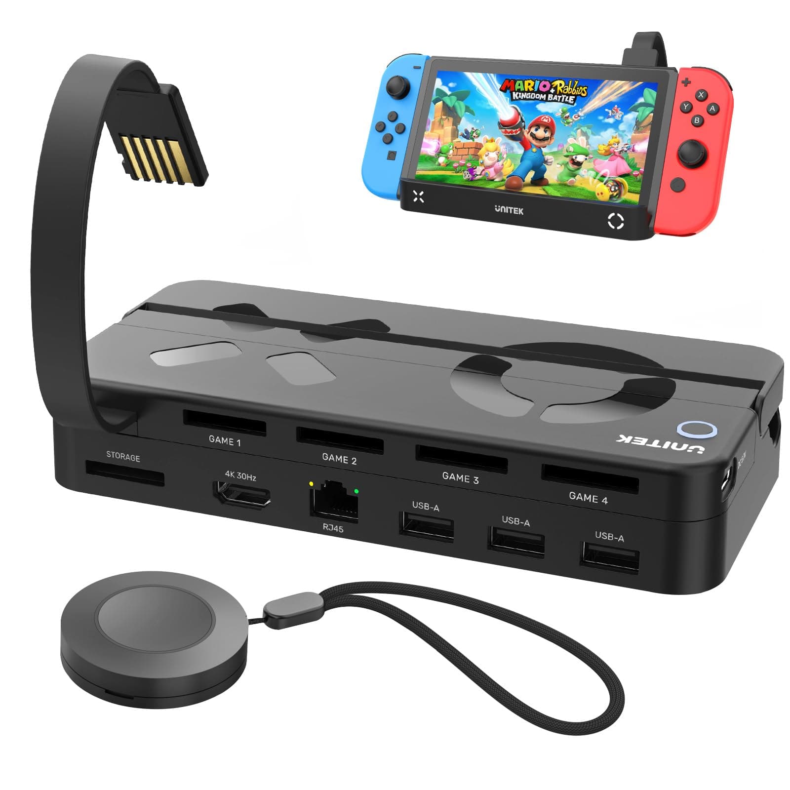Unitek Nintendo Switch Dock Station with Game Card Reader, Portable Switch TV Docking with 4K HDMI/Ethernet/USB 3.0/PD Fast Charging Port, 4 Card Slot for Switching Game by Wireless Remote Controller