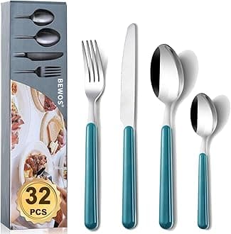 BEWOS 32 Piece Cutlery Set, Service for 8, Kitchen Cutlery Sets, Dark Blue Forks Knives and Spoons Set, Stainless Steel Flatware Serving Set for Home, Party