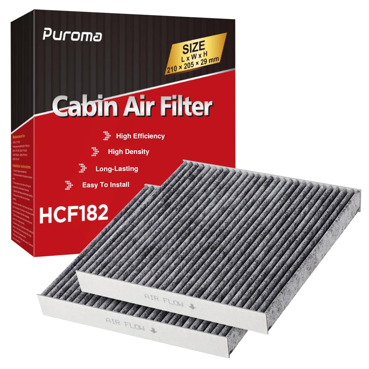Puroma 2 Pack Cabin Air Filter with Activated Charcoal Layer Replacement for CP182, CF11182, Honda Civic, Clarity, CR-V, CR-Z, HR-V, Fit, Insight, Odyssey, Acura MDX, RDX, TLX, INTEGRA