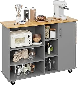 Shintenchi 47”W Kitchen Storage Island Cart with 6 Open Shelves and 1 Cabinet, Portable Trolley Cart with Wood Work Top and Handle/Towel Rack, Gray