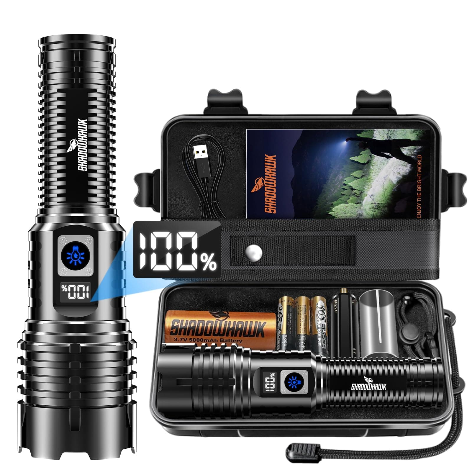 Shadowhawk Flashlight Rechargeable TorchLight, 20000 Lumens Flash Light Led flashlights Tactical, XHM77.2 Led Torch Light High Power, USB Handheld Powerful Torches for Camping Hiking Emergency