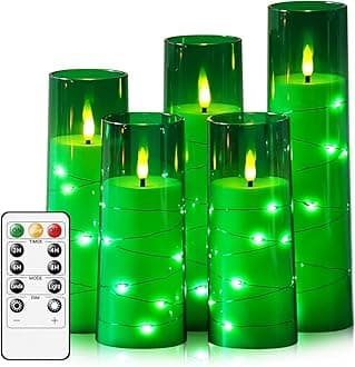 Flameless LED Candles with Timer 5 Pc Flickering Flameless Candles for Romantic Ambiance and Home Decoration Stable Acrylic Shell,with Embedded Star String，Battery Operated Candles（Green）