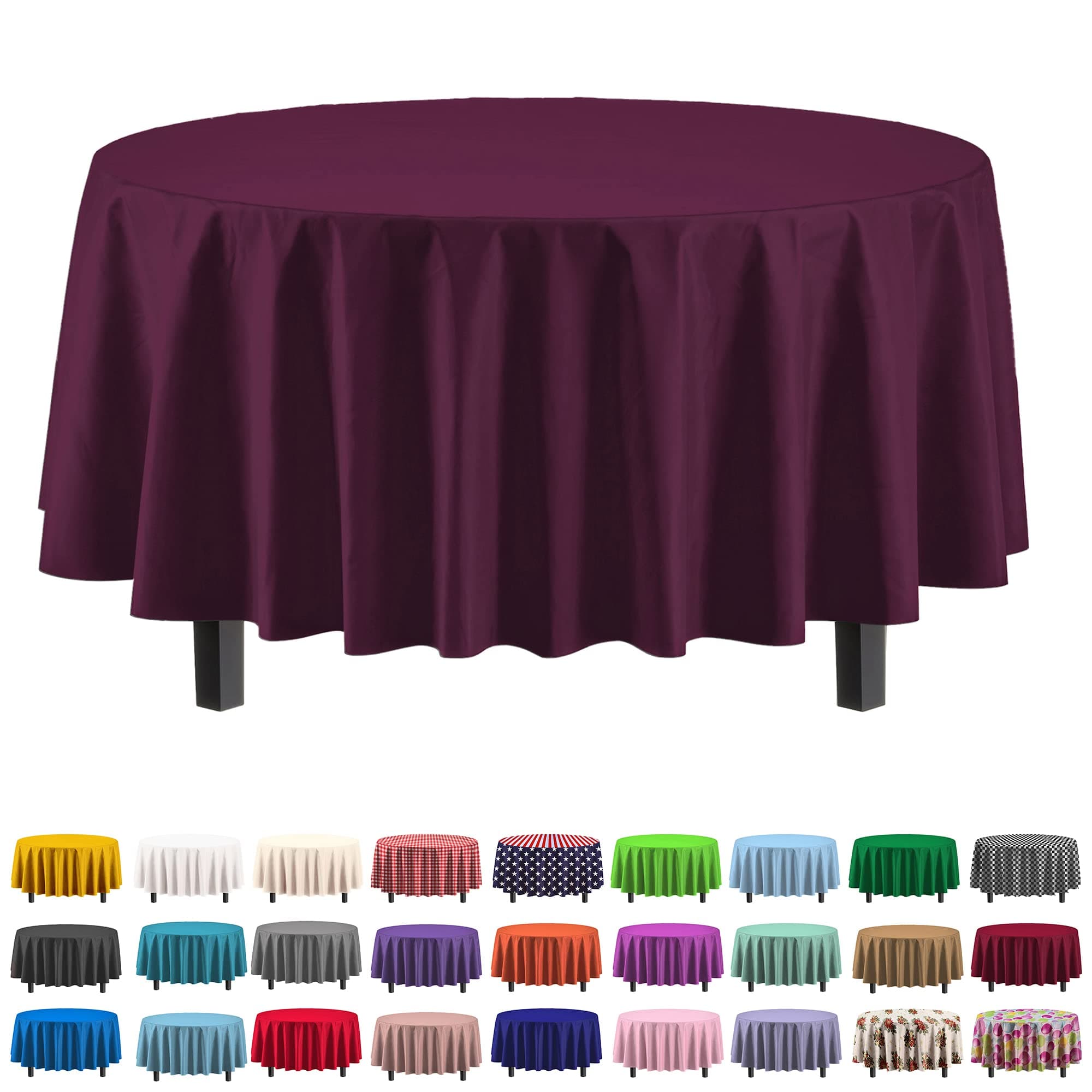 Exquisite 12-Pack Premium Plastic Tablecloth 84in. Round Table Cover - Plum