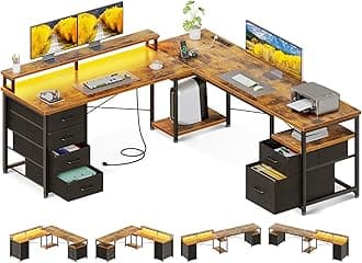 AODK 66" L Shaped Computer Desk, 113“ Reversible Home Office Desk with File Cabinet & 4 Fabric Drawers, Two Person Desk with LED Lights & Power Outlet, Corner Gaming Desk with Monitor Shelf, Vintage