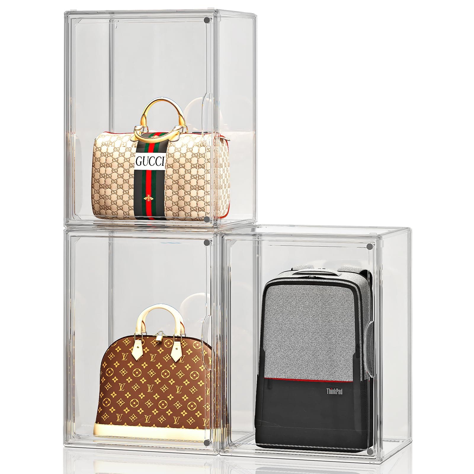 MSHOMELY Clear Handbag Storage Organizer, 3 Pack Acrylic Display Case with Magnetic Door for Wallet, Hats, Toys, X-Larger